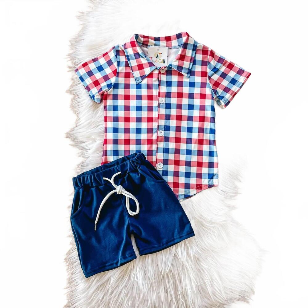 NEW TWOCAN boys americana plaid shorts set in blue multi